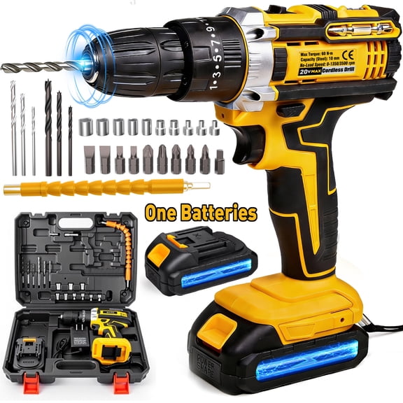 Cordless Drill/Driver Kit, 2 Speed, Keyless 3/8" Chase Drill with LED Light, Equipped 1 Or 2 Battery, Compact Design, 25+1Position, Kit for Home, Suitable Construction, Industry & Home Decoration