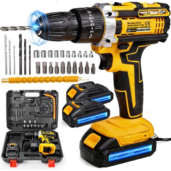 Cordless Drill/Driver Kit, 2 Speed, Keyless 3/8" Chase Drill with LED Light, Equipped 1 Or 2 Battery, Compact Design, 25+1Position, Kit for Home, Suitable Construction, Industry & Home Decoration