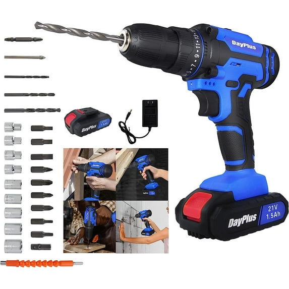 Cordless Drill Driver Kit, 21V Power Drill Set with 1.5Ah Lithium-Ion Battery, 2 Variable Speed, 3/8'' Keyless Chuck, 25+1 Metal Clutch and Built-in LED, for Drilling and Tightening/Loosening Screws