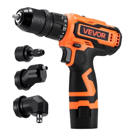 Cordless Drill Driver Kit 5-in-1 with Metal Chuck, Dual Speed 0-400/0-1500 RPM, 19 Torque Settings, 2 Lithium Batteries & Charger, Offset Adapter, 90 Angle Attachment, Extension Rod, Tool Box for Wo