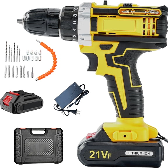 Cordless Drill&Impact Driver Combo-21V Lithium-Ion Rechargeable Multi-Function Hammer Drill with Electric Screwdriver, Pistol Grip Design for Home DIY Projects