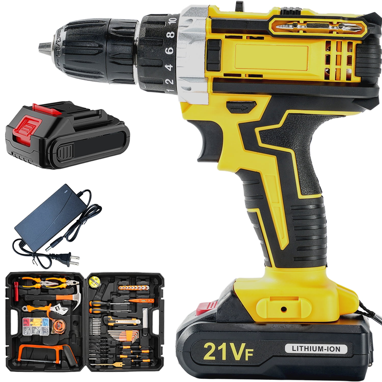 Cordless Drill&Impact Driver Combo-21V Lithium-Ion Rechargeable Multi-Function Hammer Drill with Electric Screwdriver, Pistol Grip Design for Home DIY Projects