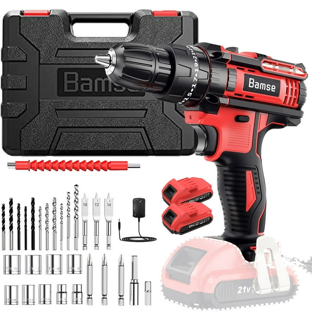 Cordless Drill Kit 21V, Bamse Hammer Drill with 2 Batteries and Charger, 30PCS Drill Bits, 3/8