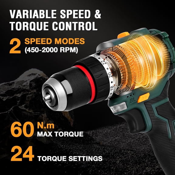 Cordless Drill Kit BLDC Motor Power Drill with 24 Torque Settings and 2-Speed