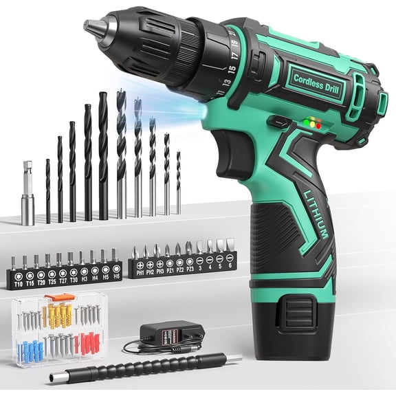 Cordless Drill Set,12V Power Drill Driver 3/8" Keyless Chuck with 92 Acessories, Built-in Light, 25+1 Position, Drill for DIY Projects(Cyan)