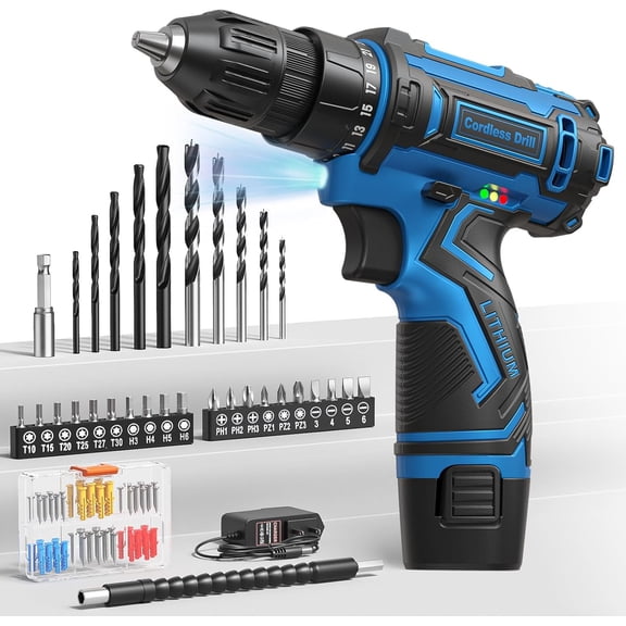 Cordless Drill Set,12V Power Driver 3/8" Keyless Chuck with 92 Acessories, Built-in LED Light, 25+1 Position, Electric for Home DIY ProjectsBlue