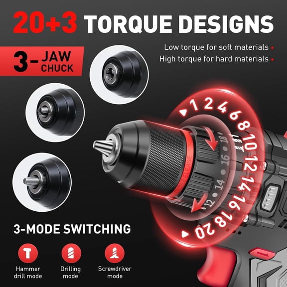 Cordless Drill Set, 16V Electric Power Drill with 2 Batteries, 398 In-lb Torque, 2-Speed & 20+3 Position Setting for Home Improvement, 3/8" Keyless Chuck, LED Light