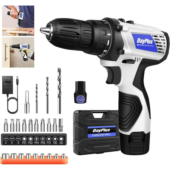 Cordless Drill Set, 18+1 Torque Setting Impact Drill kit with 1.3Ah Lithium-Ion Battery and Charger, Electric Drill with 2Variable Speed 18+1 Torque Setting, Power Drill Tools for Drilling