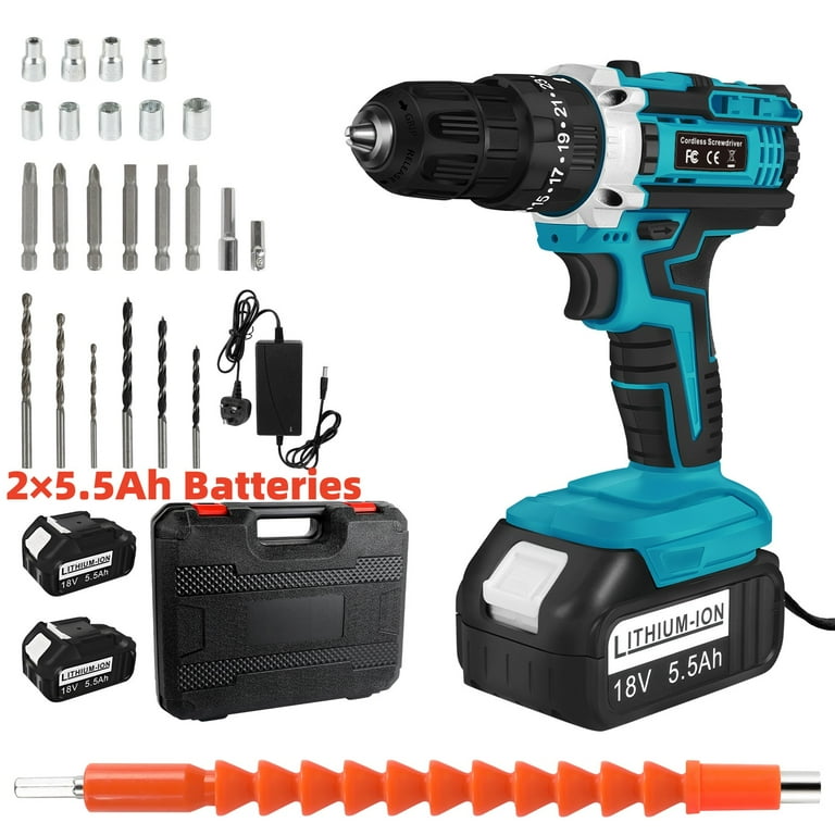 Cordless Drill Set 18V Power Drill Set Electric Drill Kit with 2 5.5Ah Batteries and Charger 25 1 Torque Setting 2 Speed LED Impact Drill Set for Home