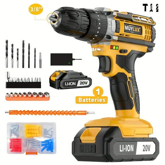 [Cordless Drill Set] 20V 2-Variable Speed Cordless Drill Set, Impact Power Drill With 3/8 Inch Keyless Chuck, 18+3 Clutch Electric Drill, Max Torque 45Nm, Work Light, 2.0AH Batteries And Fast Charger