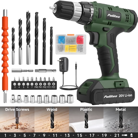Cordless Drill Set, 20V Lithium-Ion Power Drill Kit with Battery and Charger, 3/8-Inch Keyless Chuck, 22 Torque Settings, Variable Speed, Includes 60 Drill Bits and Sockets for Home DIY Projects