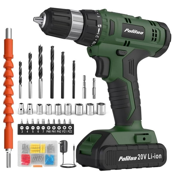 Cordless Drill Set, 20V Lithium-Ion Power Drill Kit with Battery and Charger, 3/8-Inch Keyless Chuck, 22 Torque Settings, Variable Speed, Includes 60 Drill Bits and Sockets for Home DIY Projects