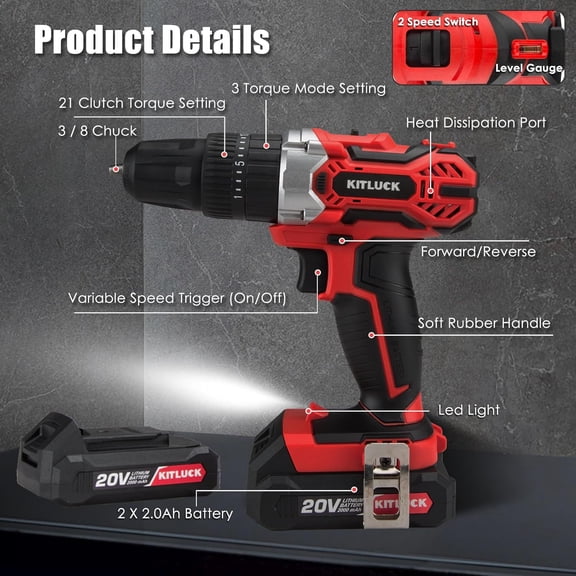 Cordless Drill Set, 20V Power Drill Kit Electric Drills with 2 X 2.0AH Battery, 44pcs Bits, 1 Box Screws, Bubble Level, 3/8'' Chuck Power Drill, 32NM, 21+3 Position, 2 Variable Speed