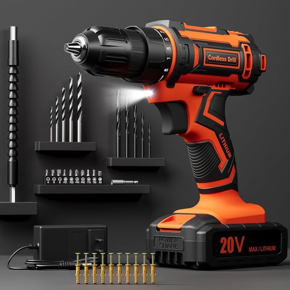 Cordless Drill Set, 20V Power Drill with Power 2.0Ah and , 3/8-Inch Keyless Chuck drill, 25+1 Position, 42 count Drilldriver Bits/Screws for DIY Projects (Orange)