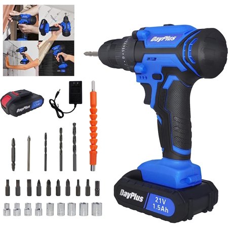 Cordless Drill Set, 21V Power Drill Impact Driver 3/8'' Keyless Chuck, Electric Drill with 1.5Ah Lithium-Ion Battery & Fast Charger, 2 Variable Speed Electric Drilling Machine for Home DIY