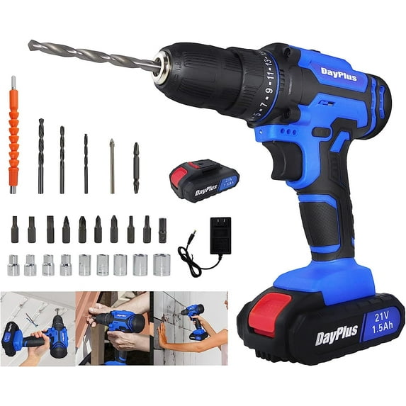 Cordless Drill Set 25+1 Torque Power Drill/Driver Kit, 21V Electric Driver with 1×1.5Ah Li-on Battery & 3/8''Keyless Chuck, 2 Variable Speed, 26pcs Drill Bits, for Drilling,Tightening/Loosening Screws