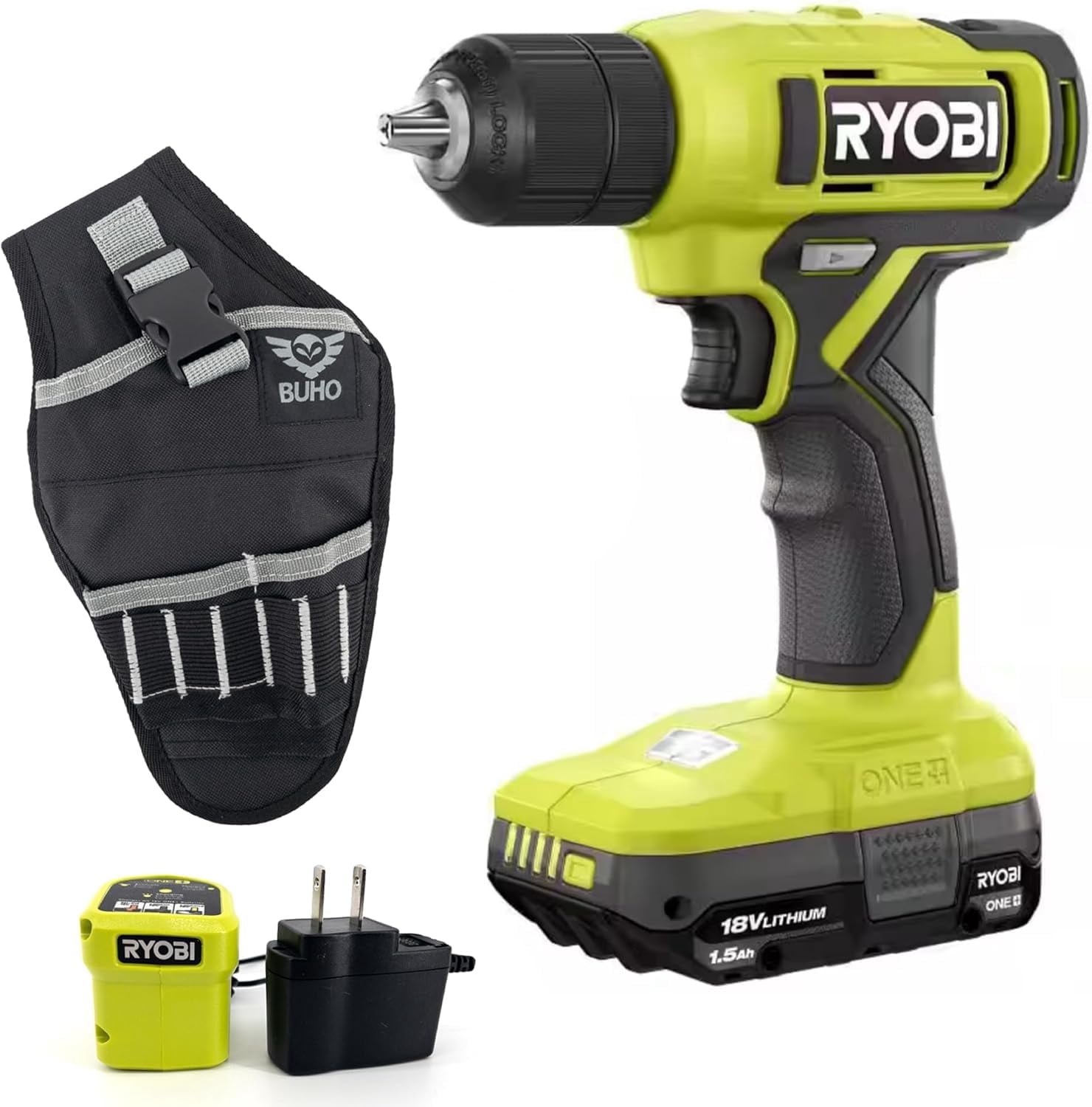 Cordless Drill Set Bundle with Ryobi 18-Volt 3/8 Inch Drill Driver, 1.5 Ah 18-Volt Lithium-ion Battery, 18-Volt Battery Charger and Buho Drill Holster with Safety Strap