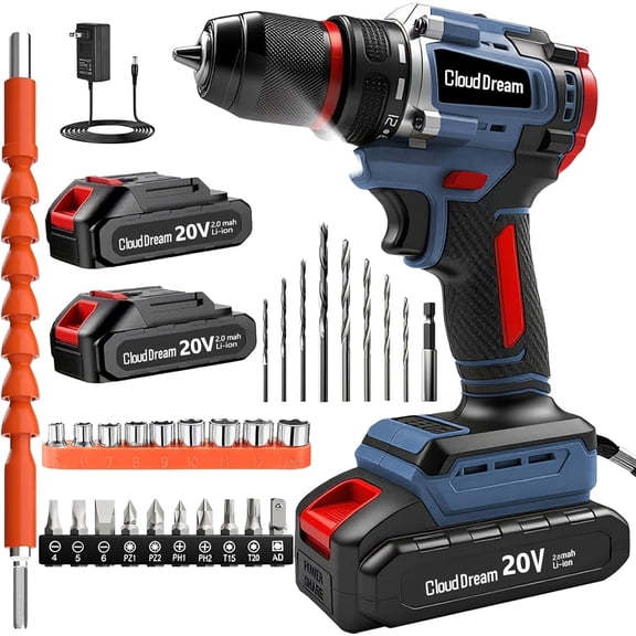 Cordless Drill Set,Electric Power Drill with 2 Battery,60N.m,21+1 Torque,2 Variable Speed,30pcs Acessories,Built-in LED,Kit for Home