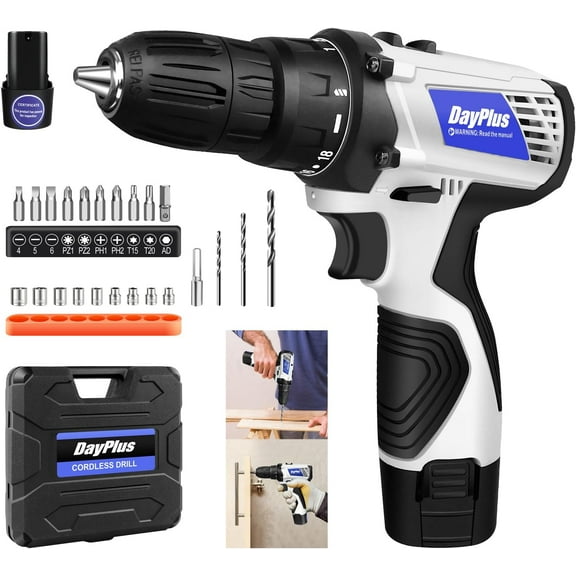 Cordless Drill Set, Power Drill Kit with 1.3Ah Battery and Charger, 2 Variable Speed, Electric Drill Impact Drill Set for Tighten Loosen Screws/Nuts, Wall Punching, Built-in LED