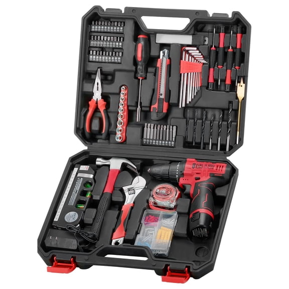 Cordless Drill Tool Set: 12v Power Kit With Level & 142pcs Home Hand Repair Tools Box Portable Household Basic Drills Case For Men Women Red