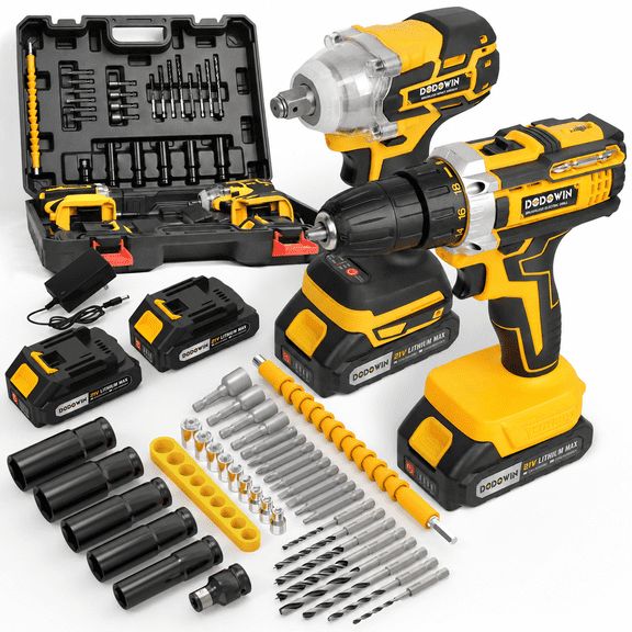 Cordless Drill and Impact Wrench Set with 2 Batteries and Charger, Power Tool Combo for Auto Repair and Tire Changes, Portable Mechanic Tool Kit