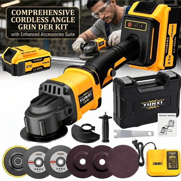 Cordless Electric Angle Grinder Kit, Portable Buffer Polisher with Full Accessories for Metal Wood Stone Cutting & Car Polishing