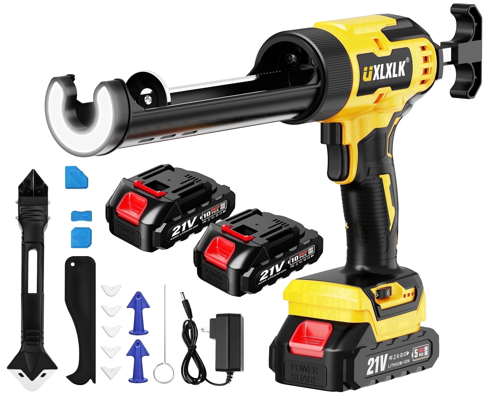 Cordless Electric Caulking Gun with 2x2000mAh Batteries, 6 Adjustable Speed, LED Light, Battery Powered Caulk Gun for Filling, Sealing, Repair
