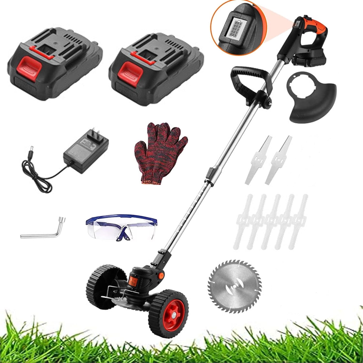 Cordless Electric Grass Trimmer - 21V Lithium Battery Powered, 2 Batteries & Charger Included, Lightweight Weed Eater for Lawn, Yard, Garden with Adjustable Handle & 3 Blades