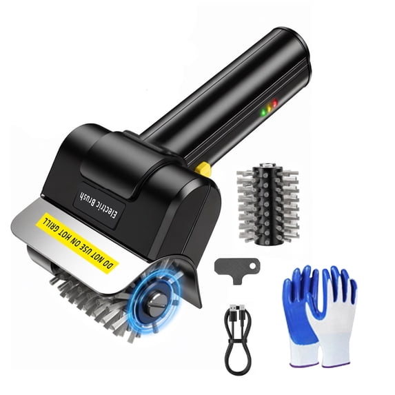 Cordless Electric Grill Brush, Stainless Steel Wire Roller Cleaning Brush, 2000mAh Rechargeable Outdoor BBQ Grill Cleaner with Gloves, 1 Brush Head