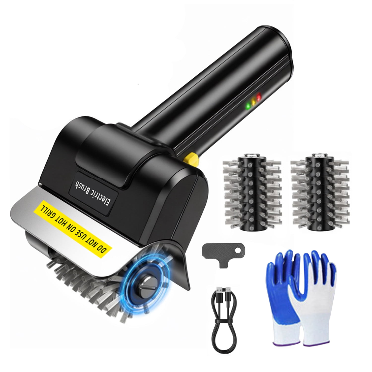 Cordless Electric Grill Brush, Stainless Steel Wire Roller Cleaning Brush, 2000mAh Rechargeable Outdoor BBQ Grill Cleaner with Gloves, 2 Brush Head