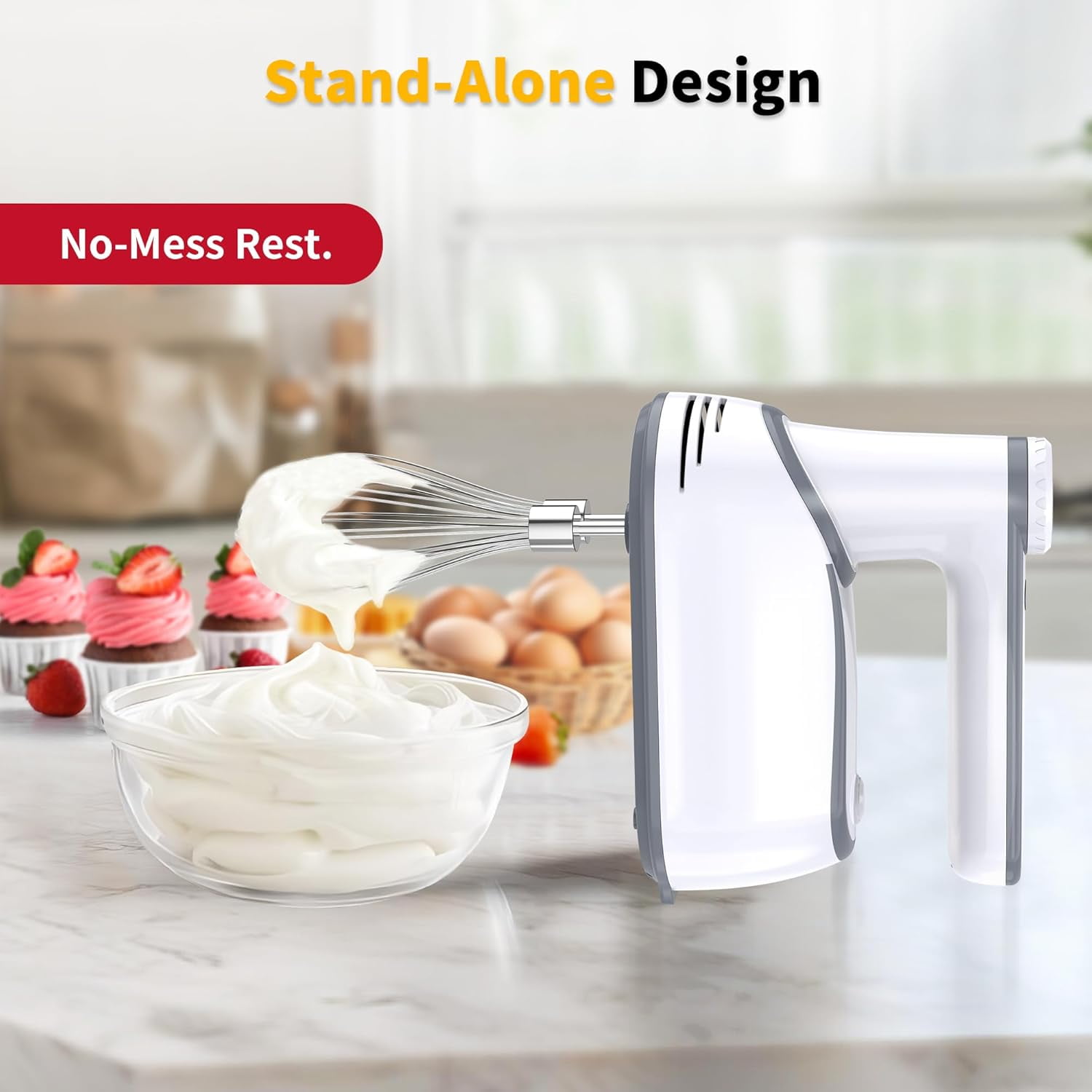 Cordless Electric Hand Mixer, 12-Speed Rechargeable with LED Display & Self-Stand for Baking