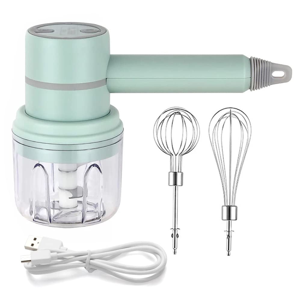Cordless Electric Hand Mixer and Food Chopper 2-in-1 Portable Whisk with 300ml Glass Bowl, Green, 1-Piece