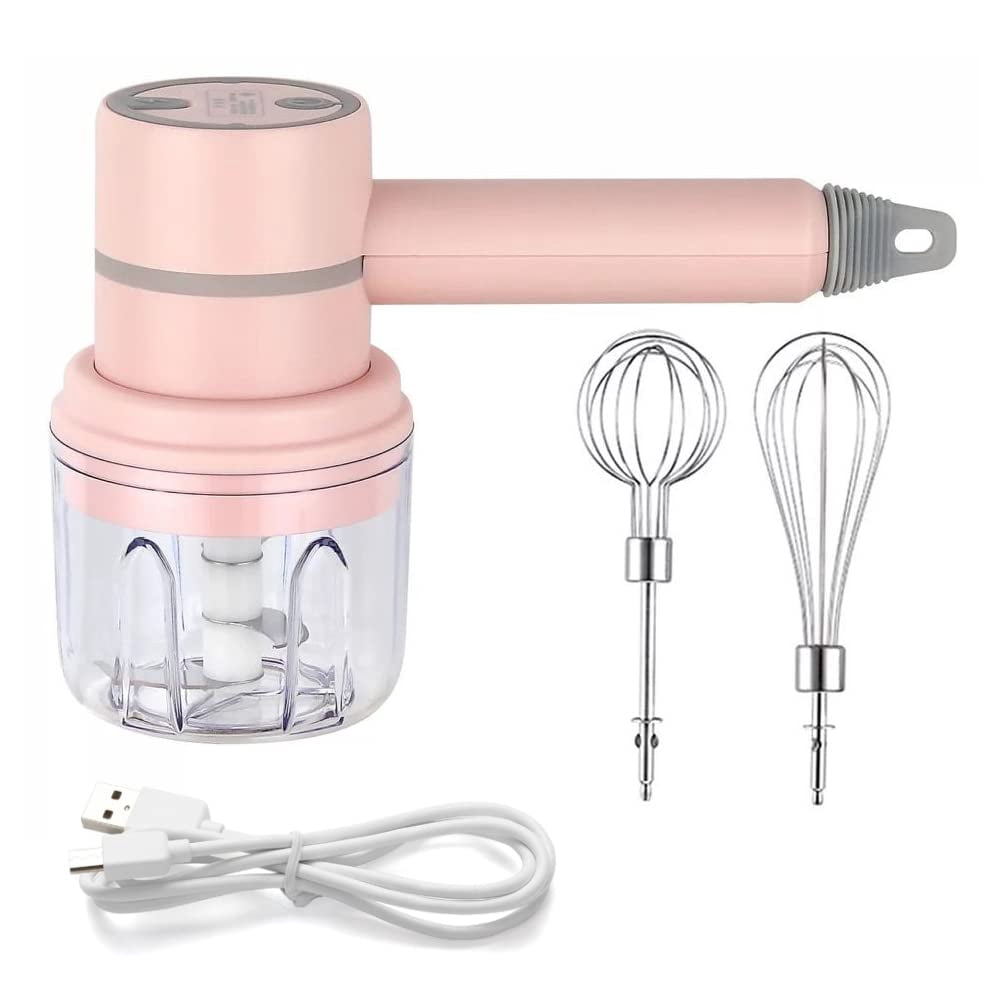Cordless Electric Hand Mixer and Food Chopper 2-in-1 Portable Whisk with 300ml Glass Bowl, Pink, 1-Piece