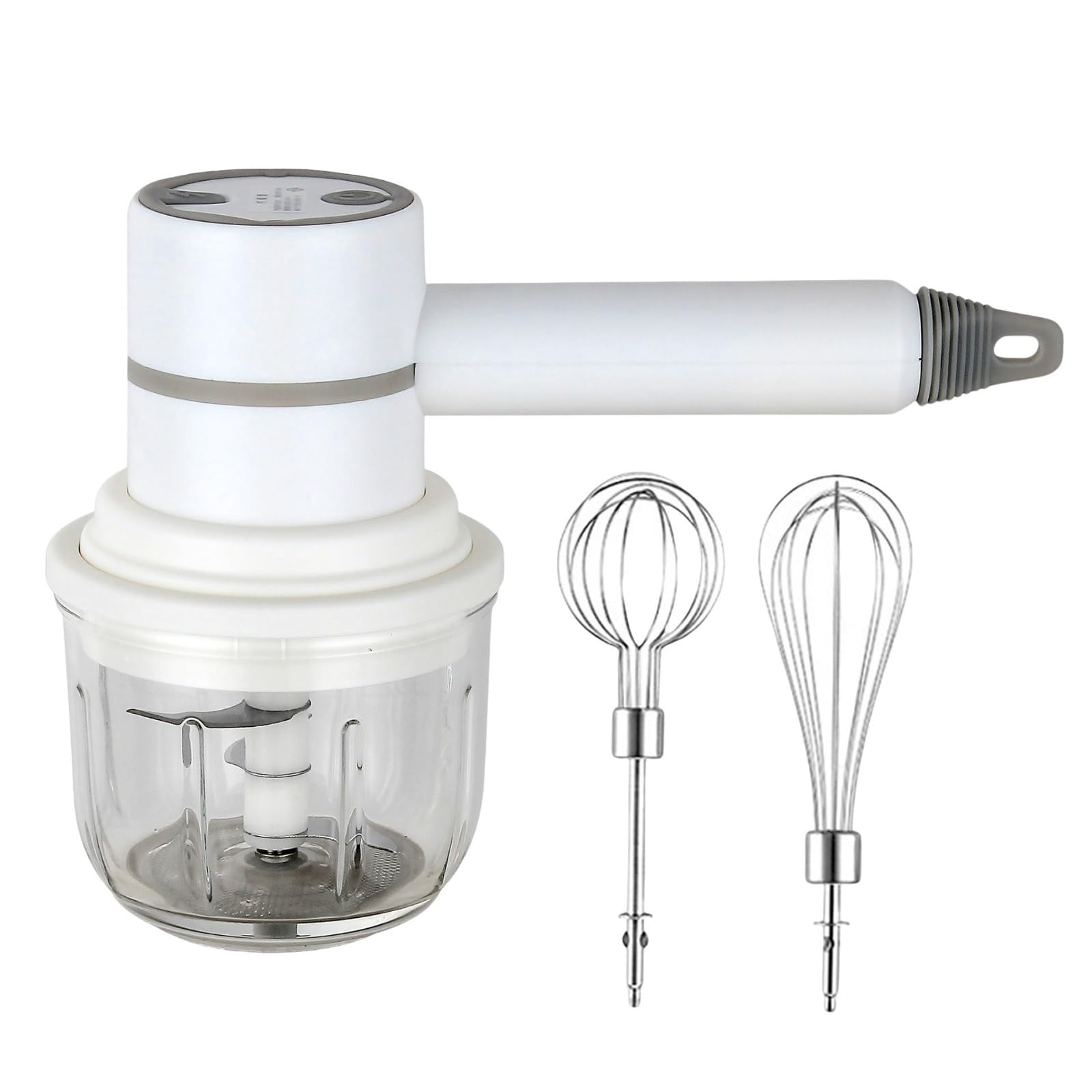 Cordless Electric Hand Mixer and Food Chopper 2-in-1 Portable Whisk with 300ml Glass Bowl, White, 1-Piece