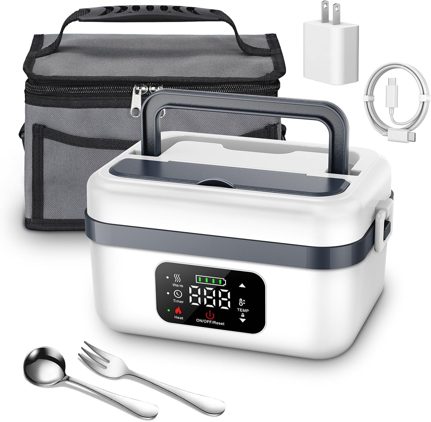 Cordless Electric Heated Lunch Box for Adults Men Women, Rechargeable Self Heating Battery Powered Food Warmer with 1L Container Fork Spoon and Insulated Carry Bag for Car Truck Travel Office(White)