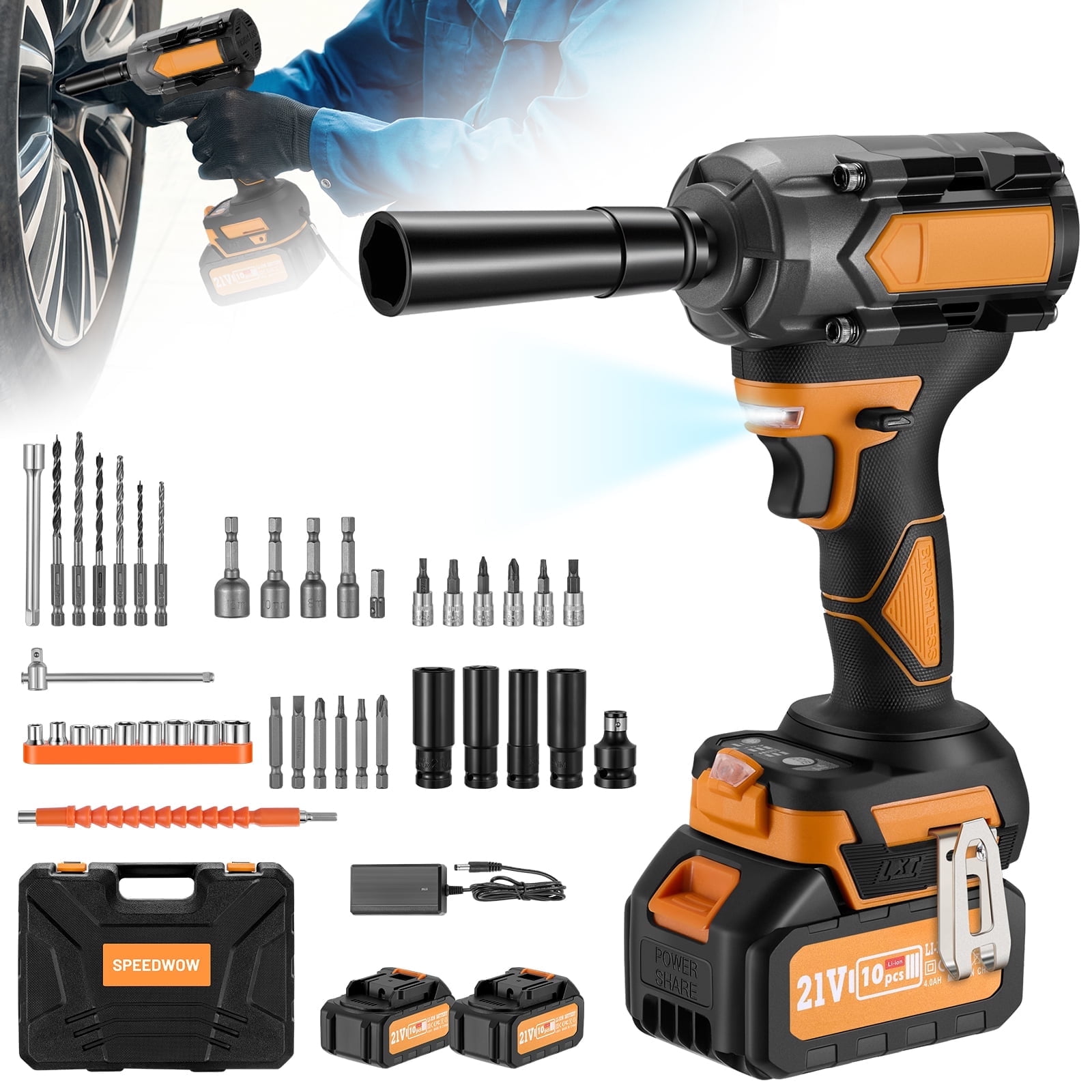 SPEEDWOW 443 Ft-lbs (600 N·m) Cordless Impact Wrench, 1/2" Brushless Impact Gun, 21V High Torque Power Driver, 2 x 4.0Ah Batteries, Variable Speeds for Family Car, Pickup Truck, and Mower