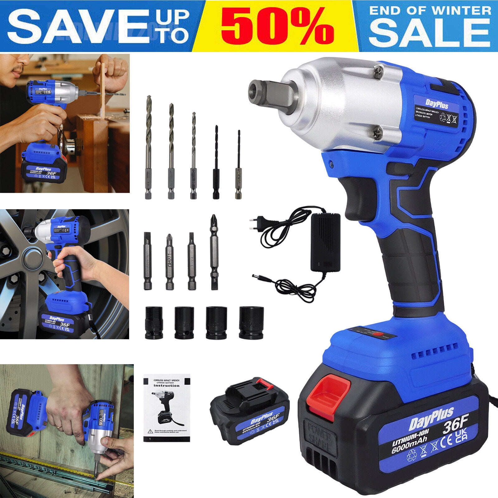 Cordless Electric Impact Wrench Rattle Nut Gun 420Nm Liion Battery 1/2