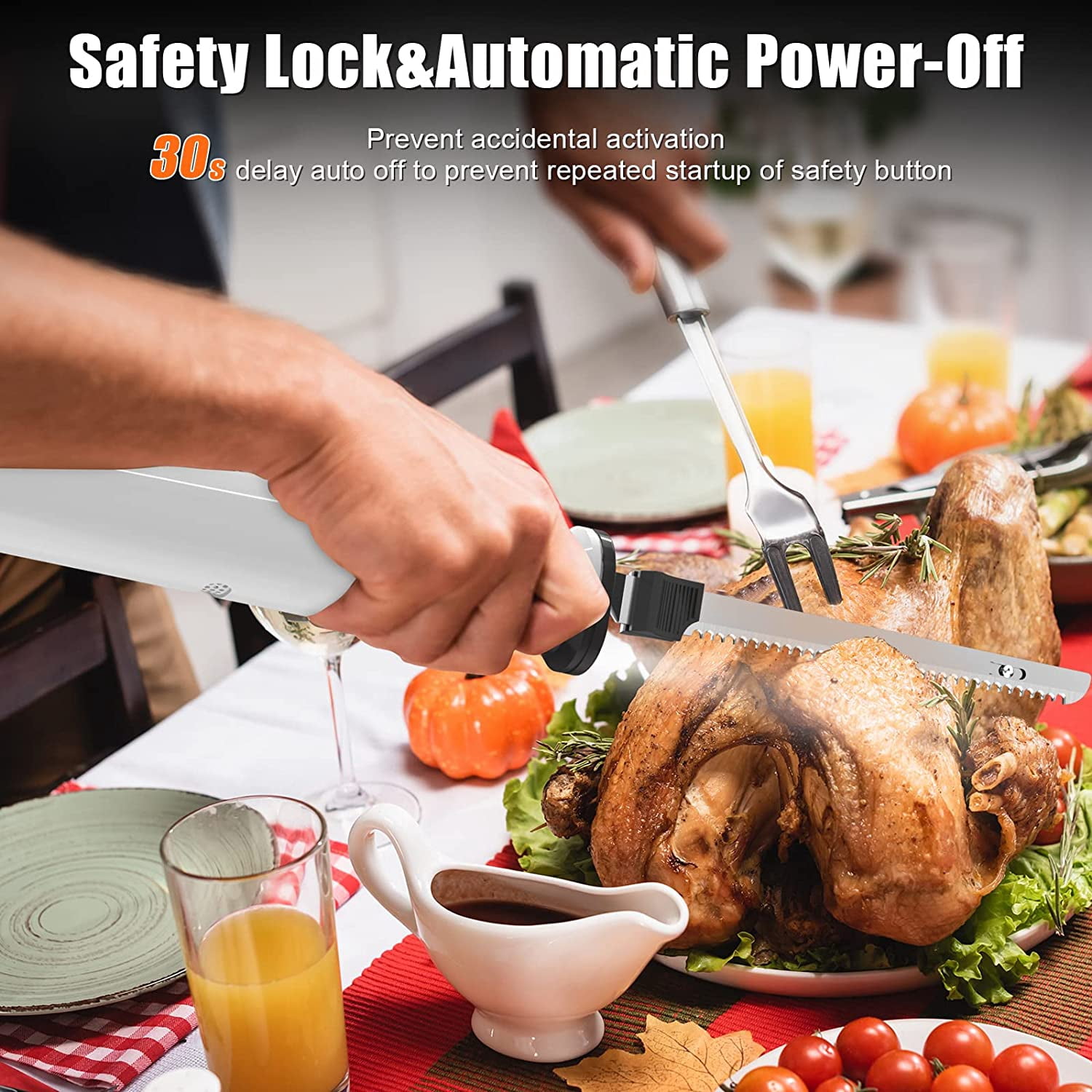 Cordless Electric Knife Carving for Meat Turkey and Bread, 8V Battery Powered Electric Knife with 4 Stainless Steel Blades, Safety Lock