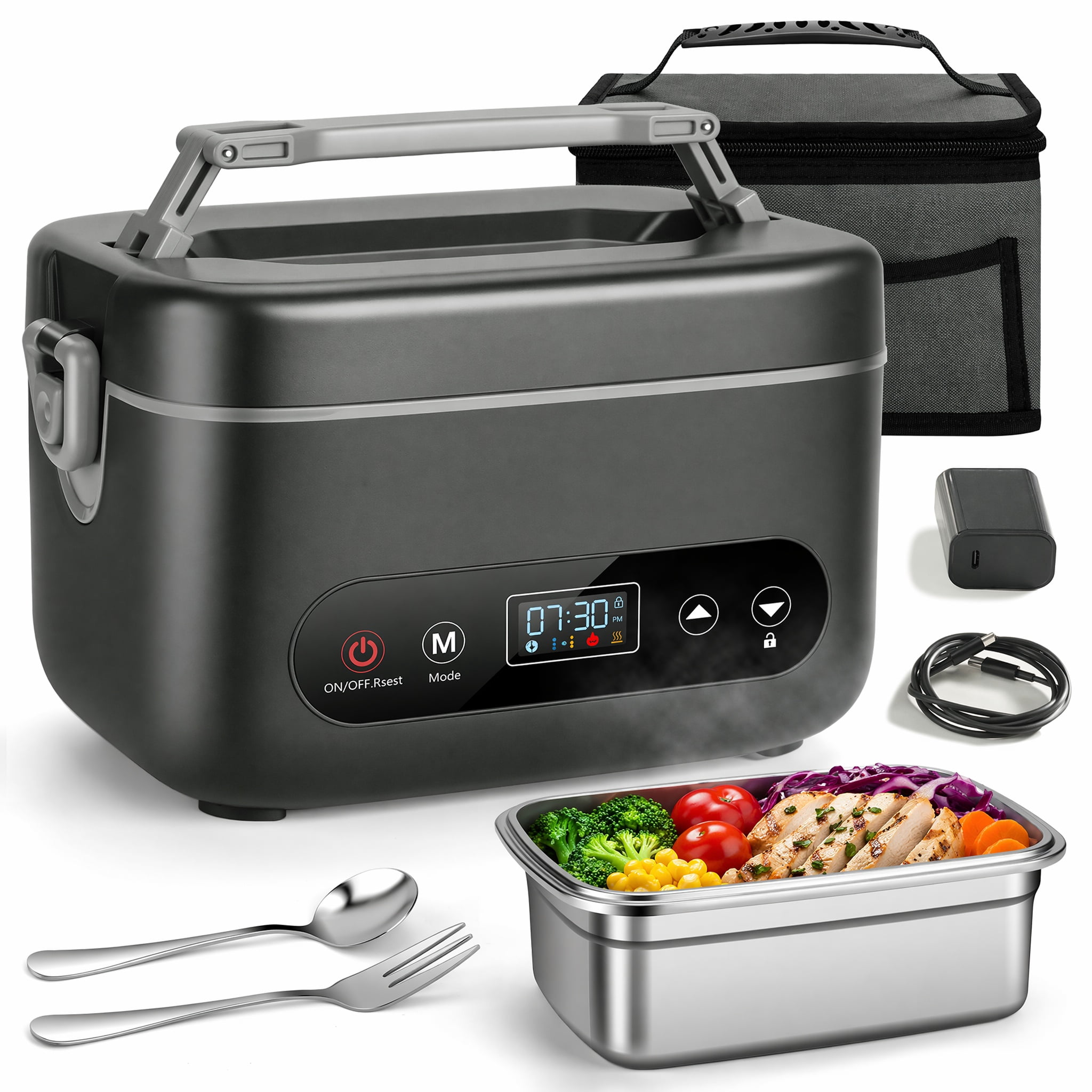 Cordless Electric Lunch Box 1.2L Rechargeable Food Warmer with Auto Temperature Control, 5-Sided Heating, Leakproof, for Office, Outdoors & Truck, Black