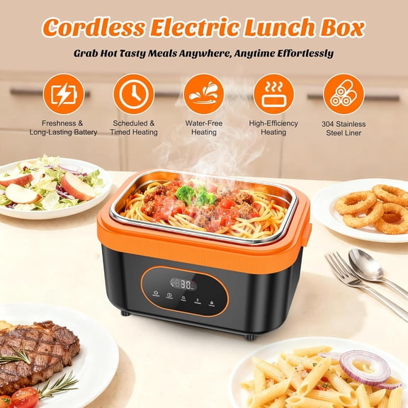 Cordless Electric Lunch Box, 1.5L Large Capacity & Graphene Rapid Heating, Portable Heated Lunch Box with Smart Timer, Rechargeable for Work, Travel, Car, Home & Outdoors