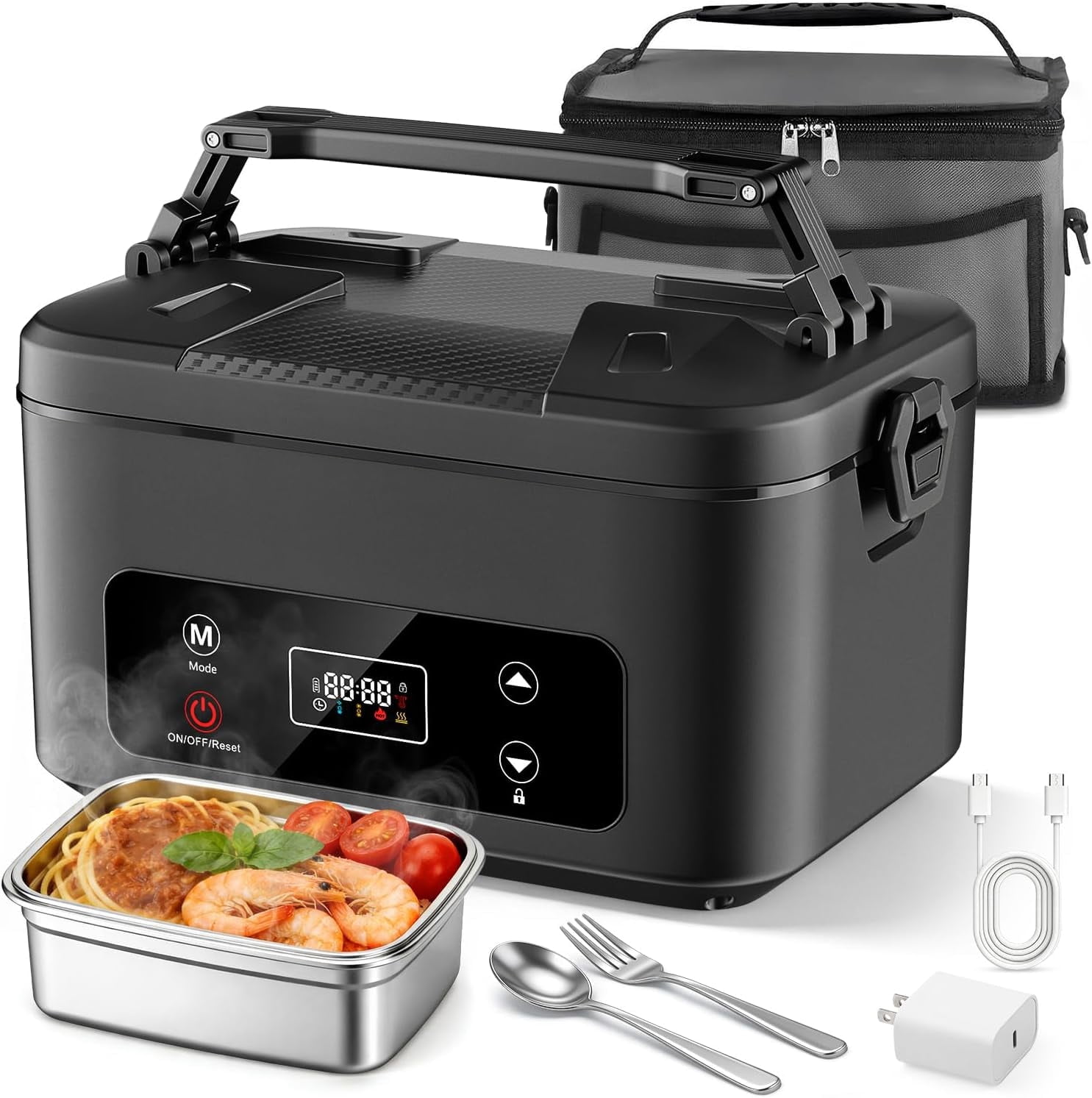 Cordless Electric Lunch Box, 5.1 Cups Heated Lunch Box Battery Powered with Automatic Scheduled Heating for Office, Picnic, Car & Outdoor Use