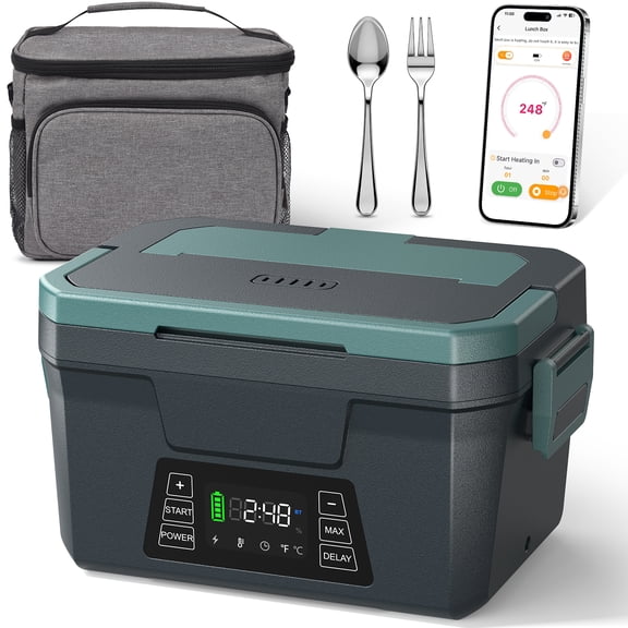 Cordless Electric Lunch Box with APP Control & 9000mAh Battery. 5-Sided Fast Heating up to 248F. Rechargeable Food Warmer for Outdoor White Elephant Gift