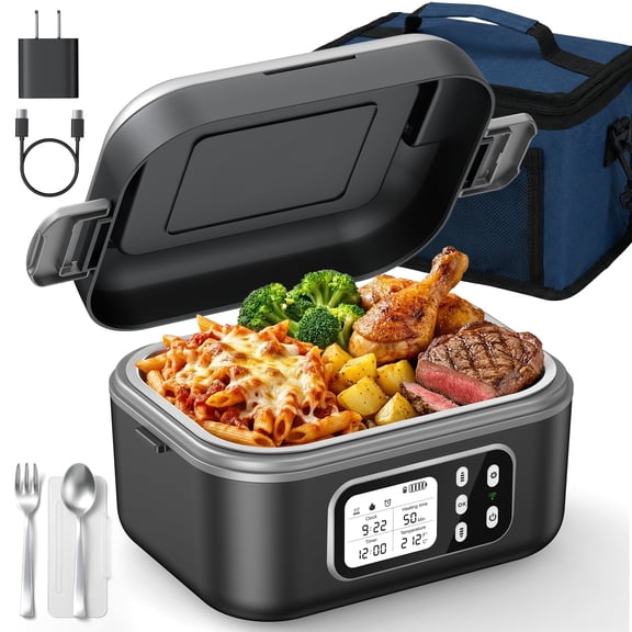 Cordless Electric Lunch Box for Adults,1.5L & 27000mAh Heated Lunch Box Battery Powered with Automatic Heating, 6 Cups Portable Food Warmer with Removable Tray Divider