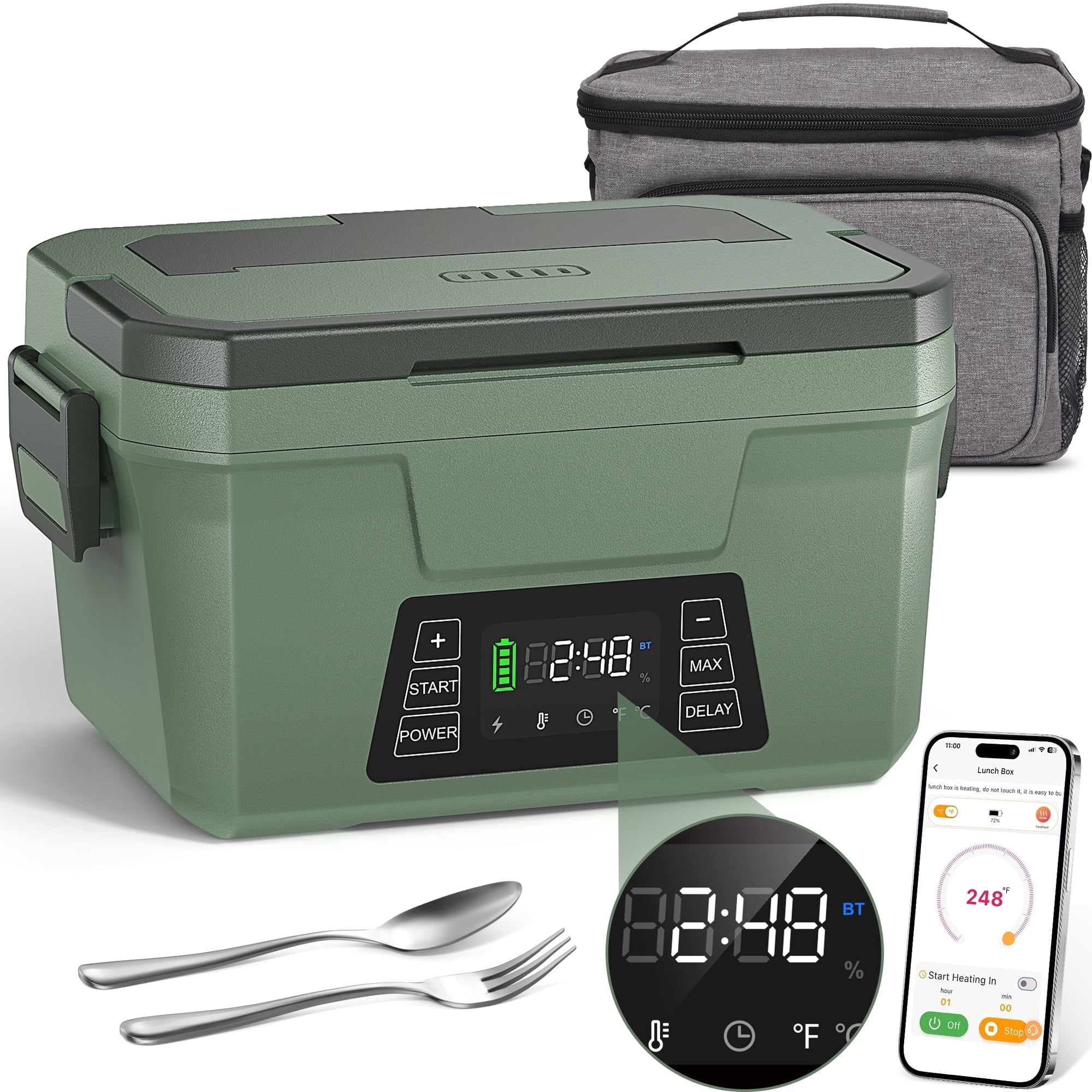 Vingud 80W Cordless Electric Lunch Box for Adults, APP Control Heated Lunch Box Food Warmer 9000mAh Rechargeable Self Heating Lunchbox for Office&Outdoor, Christmas White Elephant Gifts