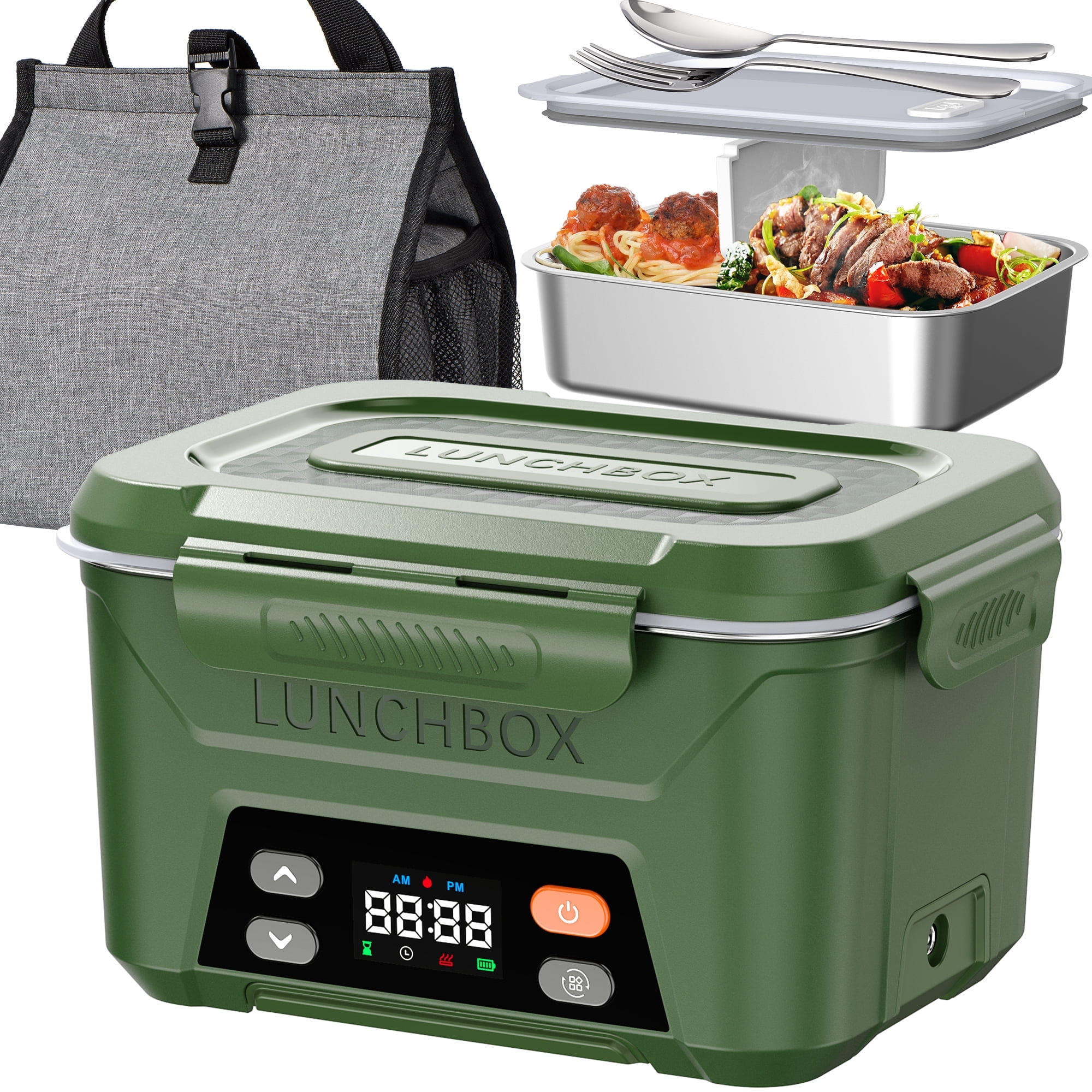 Cordless Electric Lunch Box for Adults, 5.5 Cups Self Heating Lunch Box Battery Powered, with Automatic Scheduled Heating, Removable Tray Divider, for Work Car Outdoor Use, Green