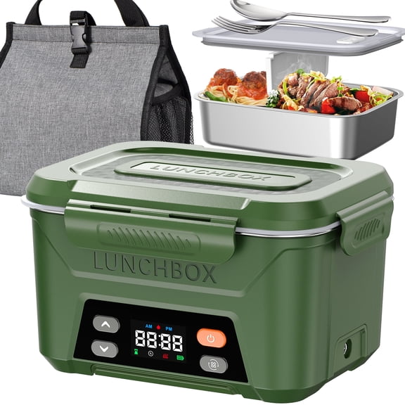 Cordless Electric Lunch Box for Adults, 5.5 Cups Self Heating Lunch Box Battery Powered, with Automatic Scheduled Heating, Removable Tray Divider, for Work Car Outdoor Use, Green