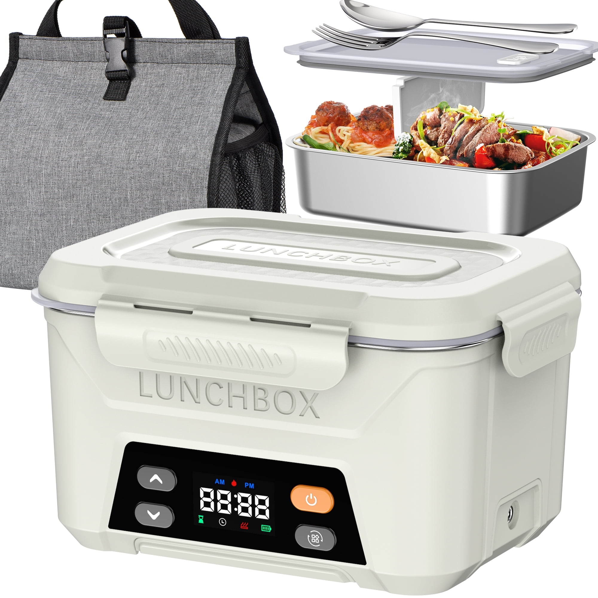 Cordless Electric Lunch Box for Adults, 5.5 Cups Self Heating Lunch Box Battery Powered, with Automatic Scheduled Heating, Removable Tray Divider, for Work Car Outdoor Use, White