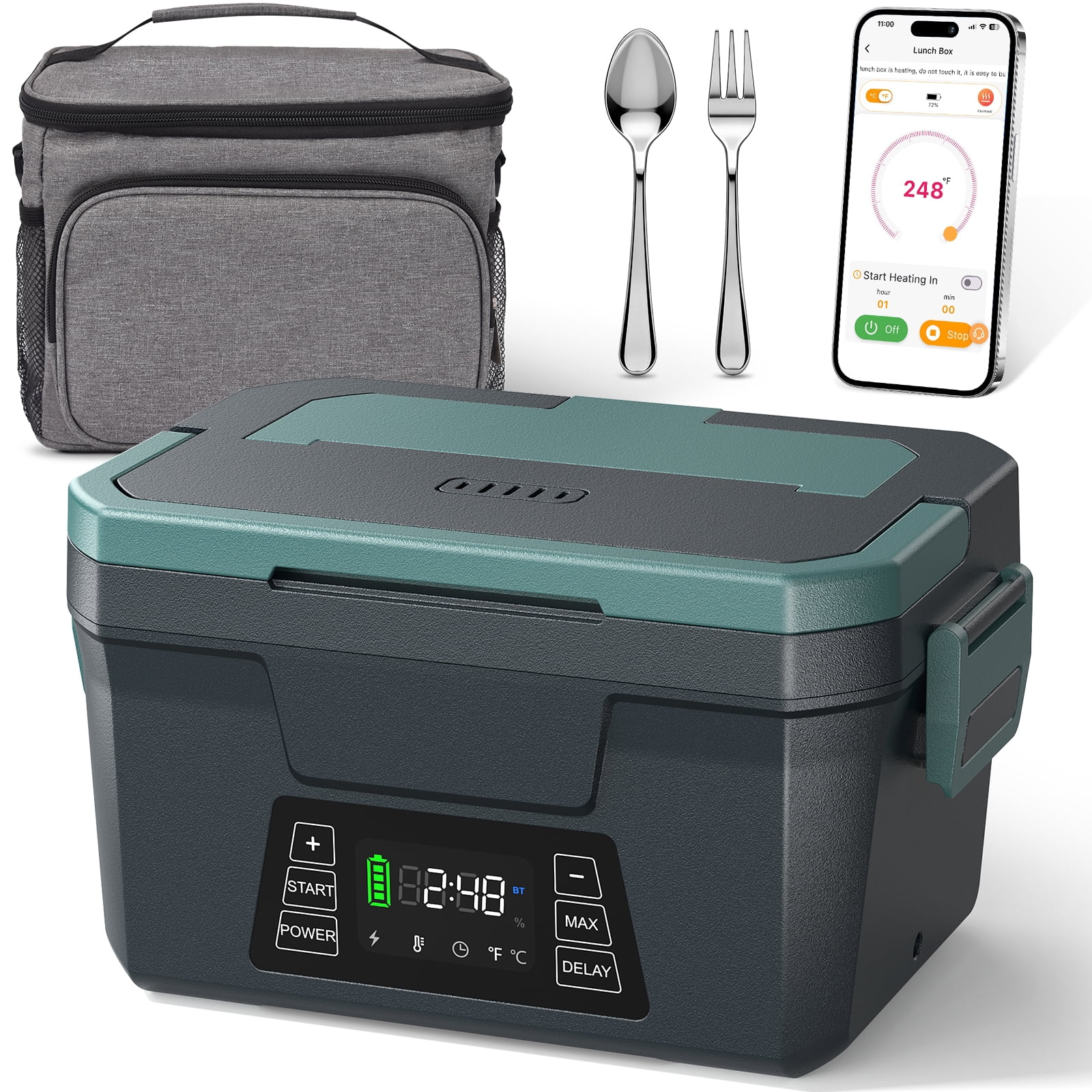 Cordless Electric Lunch Box for Adults, APP Control Heated Lunch Box , 18000mAh Battery Powered Portable Food Warmer w/ Timer, Auto Heating 5-side Rechargeable 248°F for Work/Outdoor/Gift