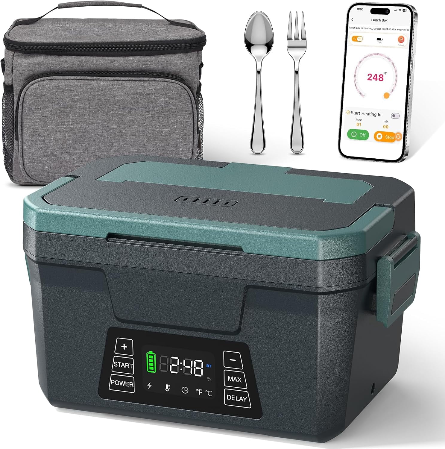 Cordless Electric Lunch Box for Adults, APP Control Heated Lunch Box for Men, 18000mAh Battery Powered Portable Food Warmer/ Timer, Auto Heating 5-side Rechargeable 248°F for Women/Work/Outdoor/Gift