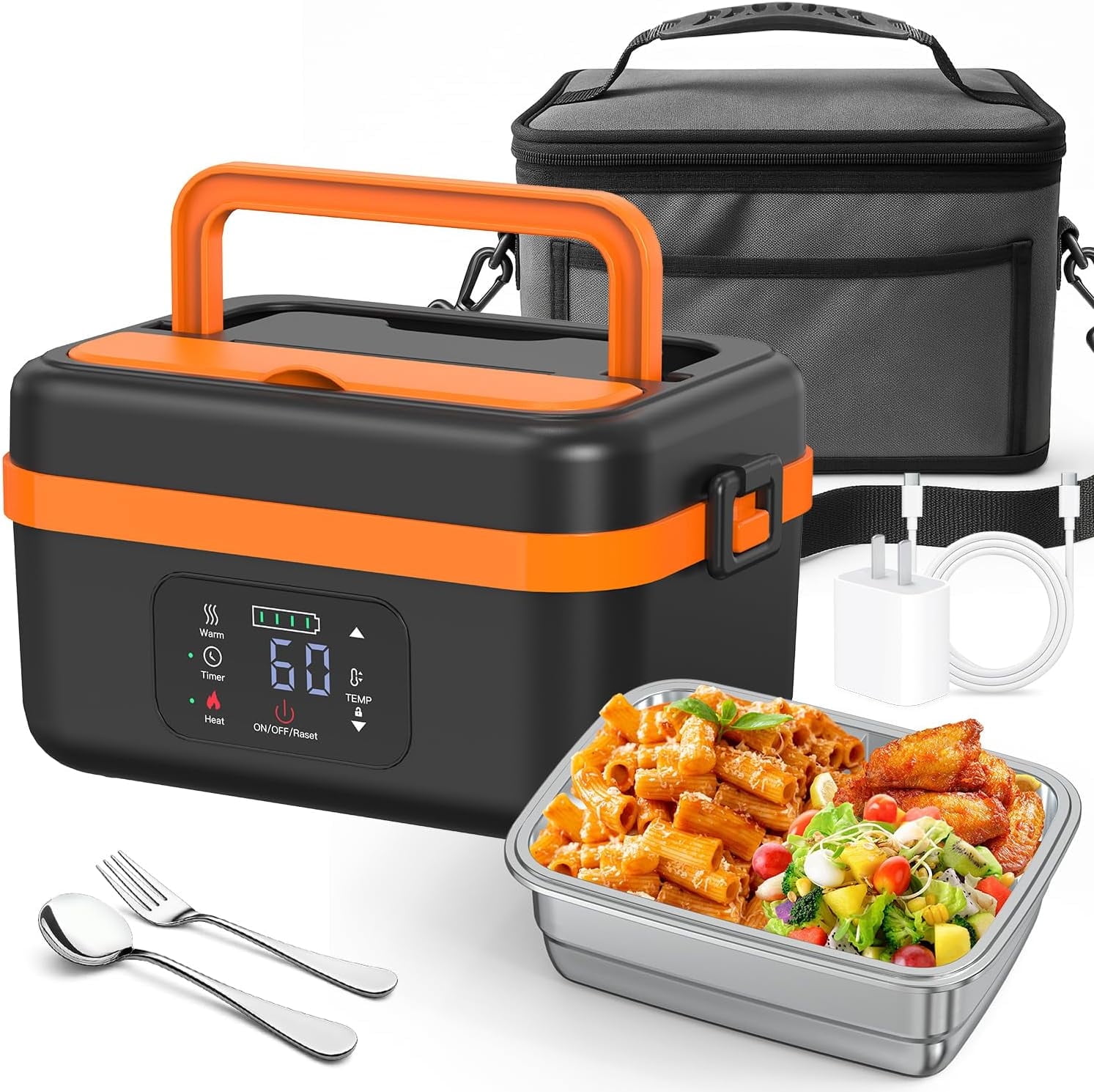 Cordless Electric Lunch Box for Adults, Rechargeable Self-Heating Lunch Box Food Warmer with Timer&Adjustable Heating,34oz/1L Stainless Container with Insulated Bag for Office,Picnic,Car&Outdoor Use